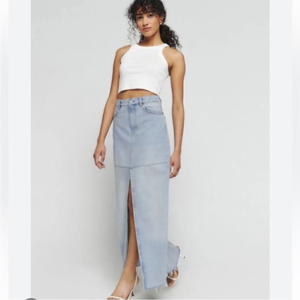 Reformation Tazz Maxi Split Denim Skirt Light Wash Tahoe Blue 25